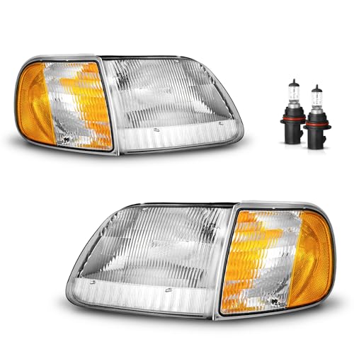 KarSpareHub Headlights Assembly For 1997-2003 F150 / 1997-2002 Ford Expedition / 1998-1999 F250 Selected Models, Replacement Headlamp+Corner Parking Turn Signal Marker Light with 9007 Bulbs