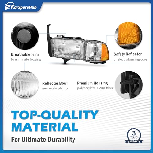 KarSpareHub Headlights Assembly For 1994-2001 Dodge Ram 1500 2500 3500 Pickup, For 94-02 Ram 2500 3500, Headlight+Corner Parking Turn Signal Marker Light for 94 95 96 97 98 99 00 01 02 Ram