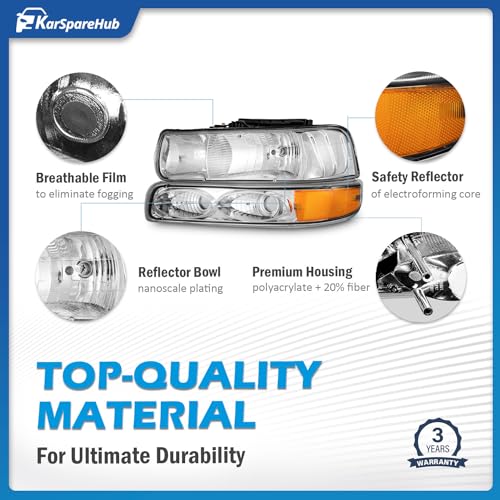 KarSpareHub Headlights Assembly for 99-02 Chevy Silverado 1500 2500; for 01-02 Silverado 1500HD 2500HD 3500HD; for 00-06 Tahoe Suburban 1500 2500;Headlight+Bumper Parking Turn Signal Marker Light 4PCS